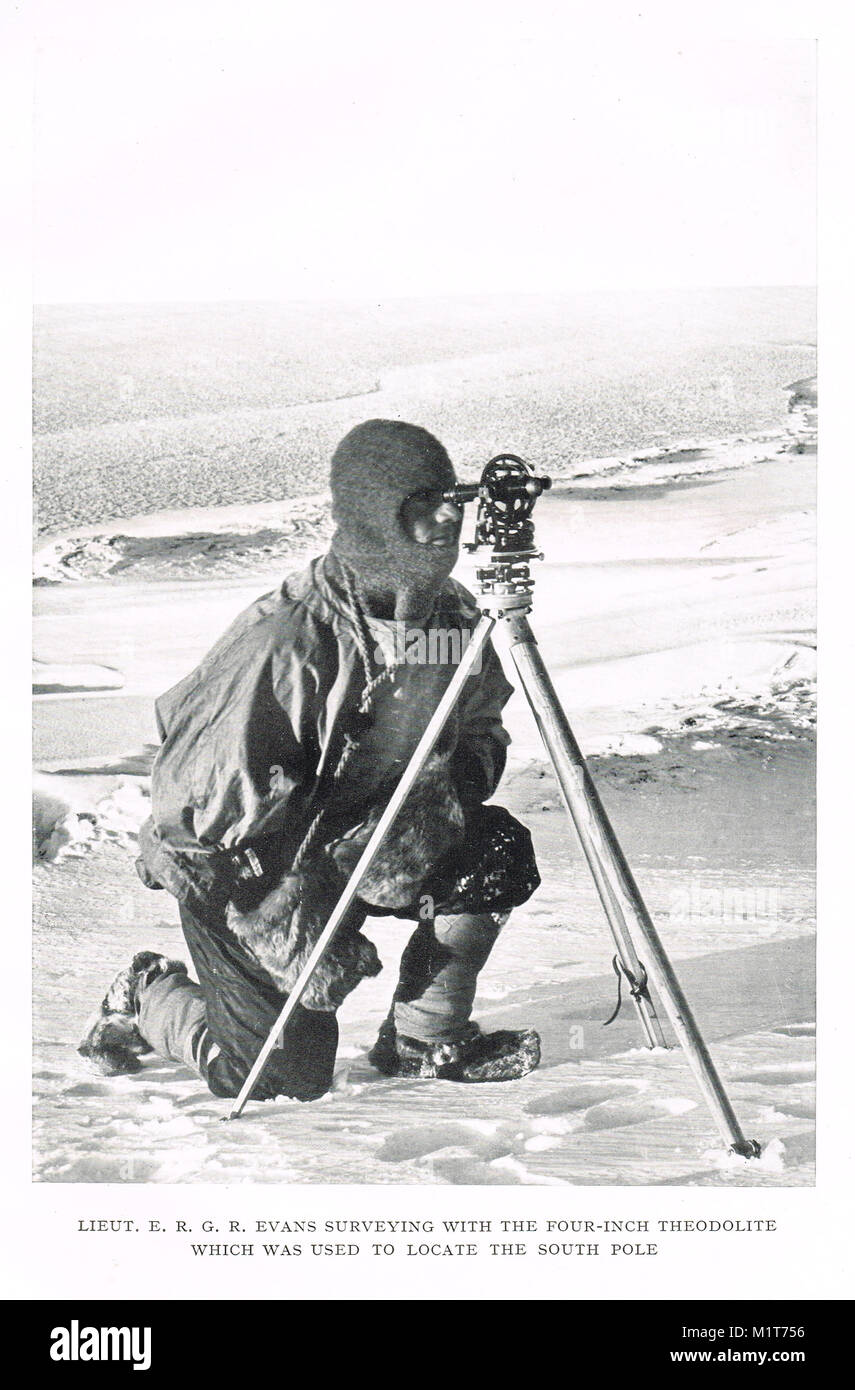 Edward Ratcliffe Garth Russell Evans surveying with the four inch Theodolite used to locate the South Pole.  last expedition of Robert Falcon Scott Stock Photo