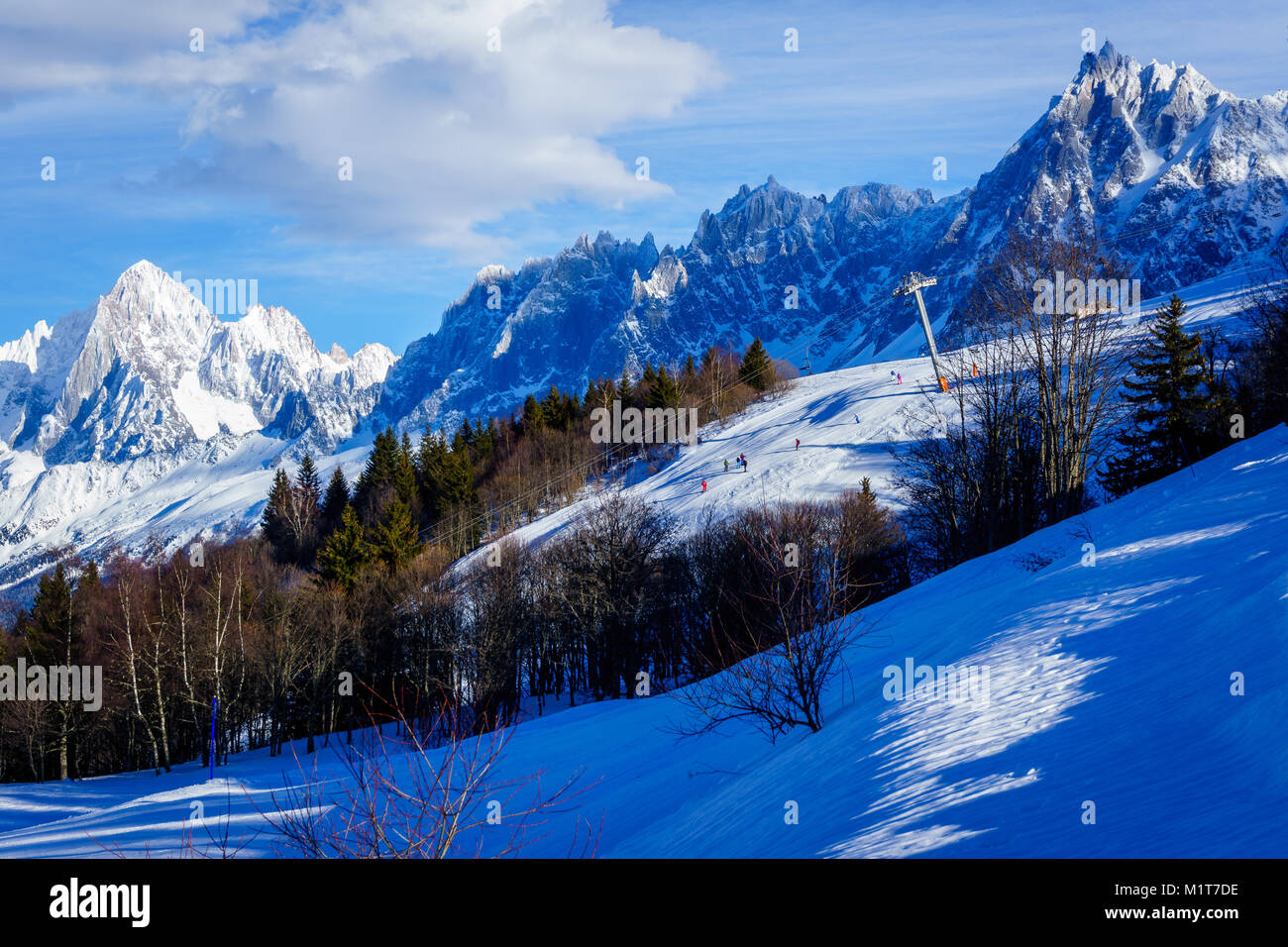 Beautiful landscape of snowy mountain view in Bellvue Saint-Gervais-les-Bains. One of Alps mountaintop near Mont Blanc. Famous place for winter sport Stock Photo