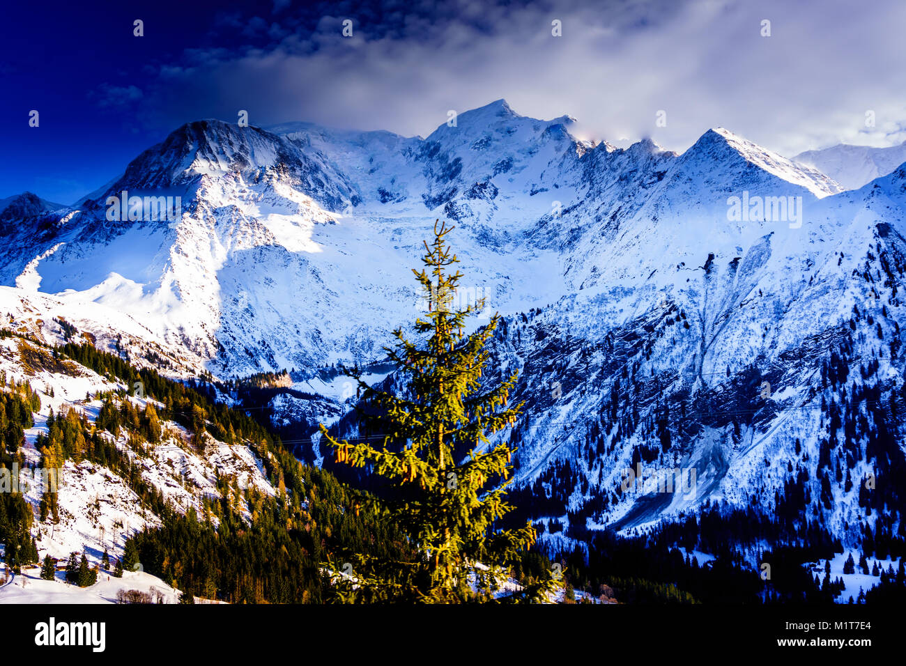 Beautiful landscape of snowy mountain view in Bellvue Saint-Gervais-les-Bains. One of Alps mountaintop near Mont Blanc. Famous place for winter sport Stock Photo