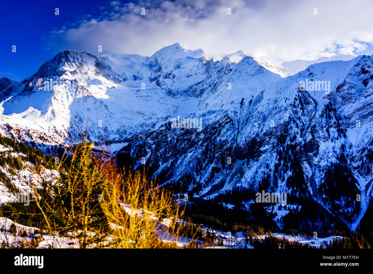 Beautiful landscape of snowy mountain view in Bellvue Saint-Gervais-les-Bains. One of Alps mountaintop near Mont Blanc. Famous place for winter sport Stock Photo