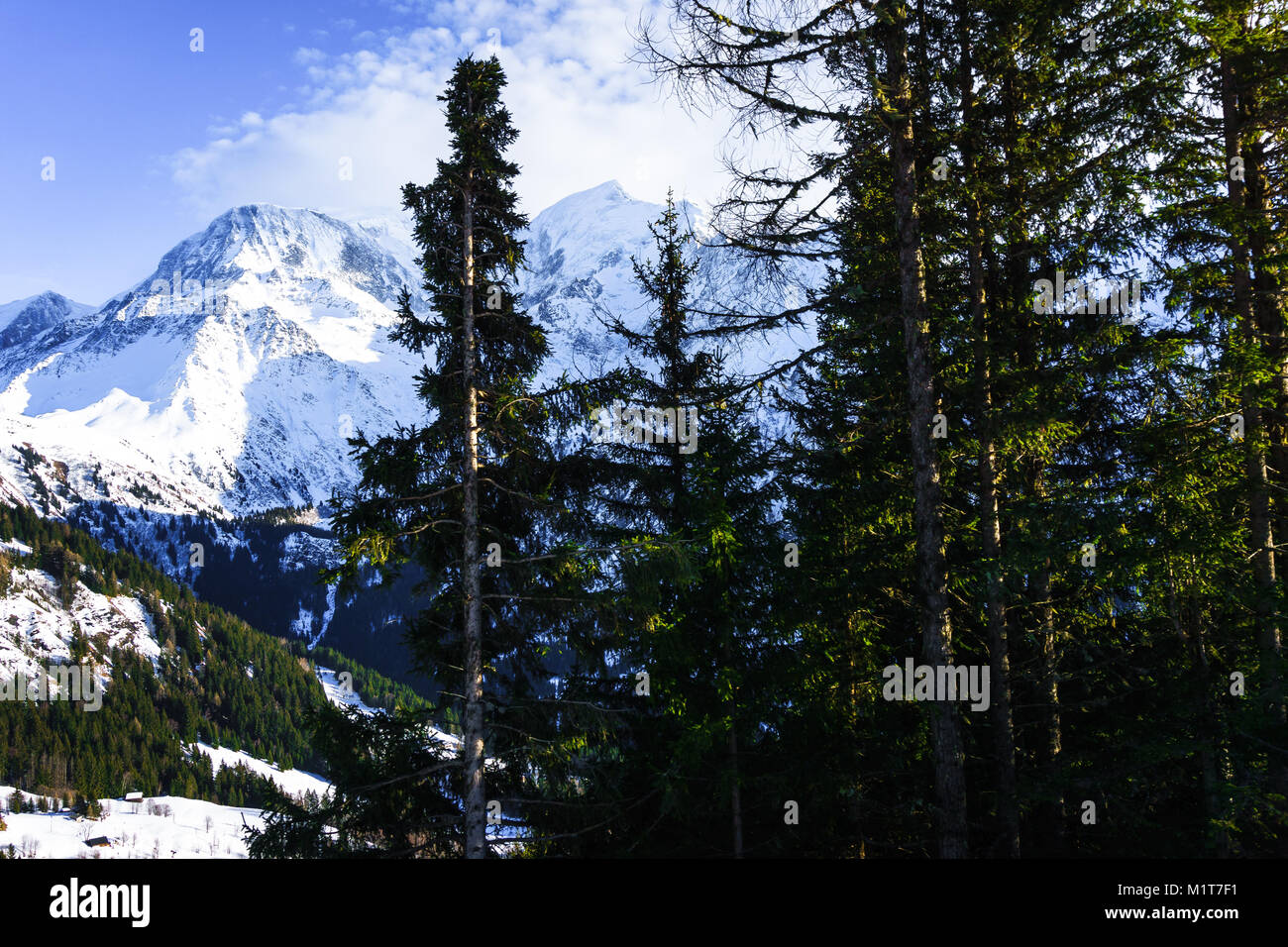 Beautiful landscape of snowy mountain view in Bellvue Saint-Gervais-les-Bains. One of Alps mountaintop near Mont Blanc. Famous place for winter sport Stock Photo