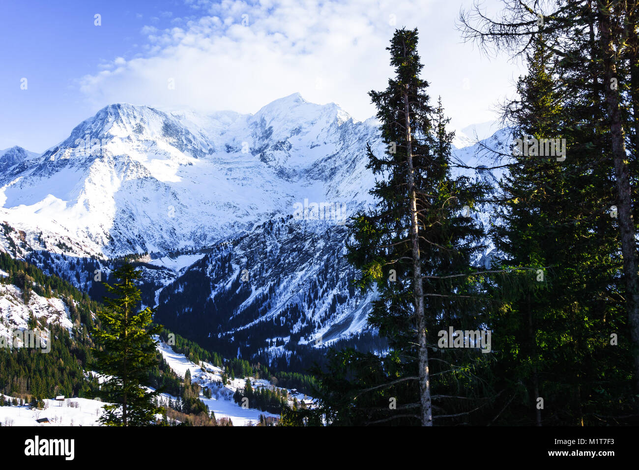 Beautiful landscape of snowy mountain view in Bellvue Saint-Gervais-les-Bains. One of Alps mountaintop near Mont Blanc. Famous place for winter sport Stock Photo