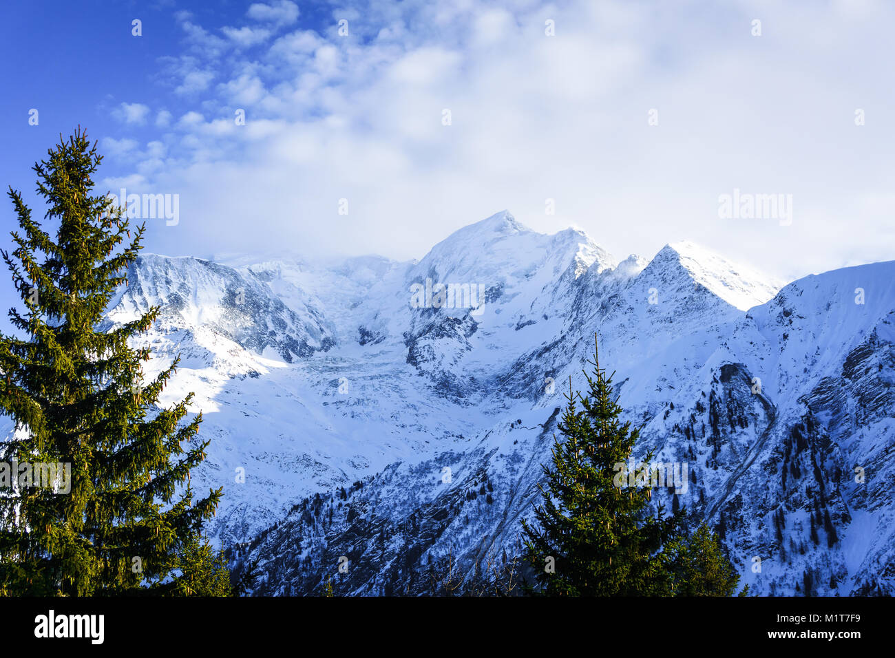 Beautiful landscape of snowy mountain view in Bellvue Saint-Gervais-les-Bains. One of Alps mountaintop near Mont Blanc. Famous place for winter sport Stock Photo