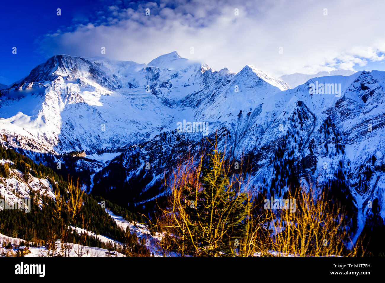 Beautiful landscape of snowy mountain view in Bellvue Saint-Gervais-les-Bains. One of Alps mountaintop near Mont Blanc. Famous place for winter sport Stock Photo