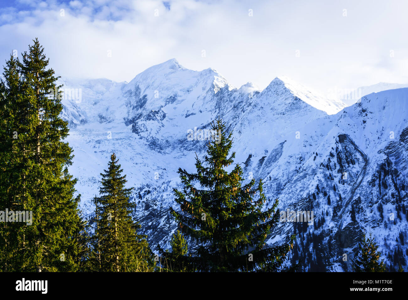 Beautiful landscape of snowy mountain view in Bellvue Saint-Gervais-les-Bains. One of Alps mountaintop near Mont Blanc. Famous place for winter sport Stock Photo