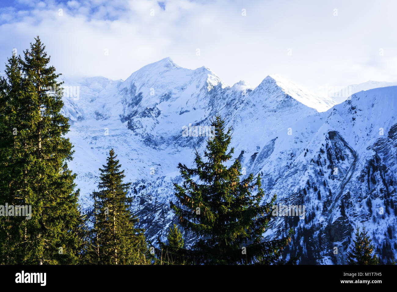 Beautiful landscape of snowy mountain view in Bellvue Saint-Gervais-les-Bains. One of Alps mountaintop near Mont Blanc. Famous place for winter sport Stock Photo