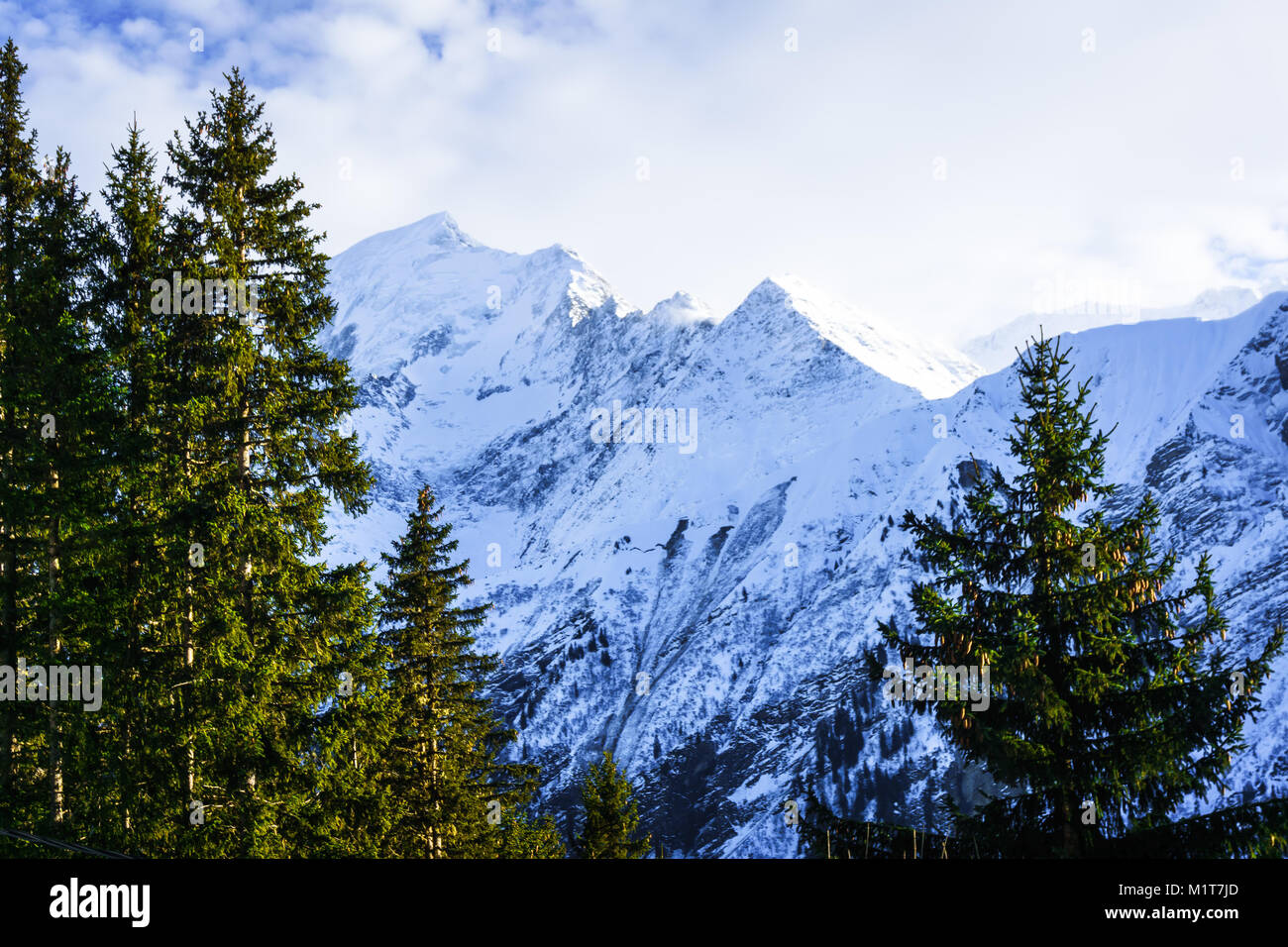 Beautiful landscape of snowy mountain view in Bellvue Saint-Gervais-les-Bains. One of Alps mountaintop near Mont Blanc. Famous place for winter sport Stock Photo
