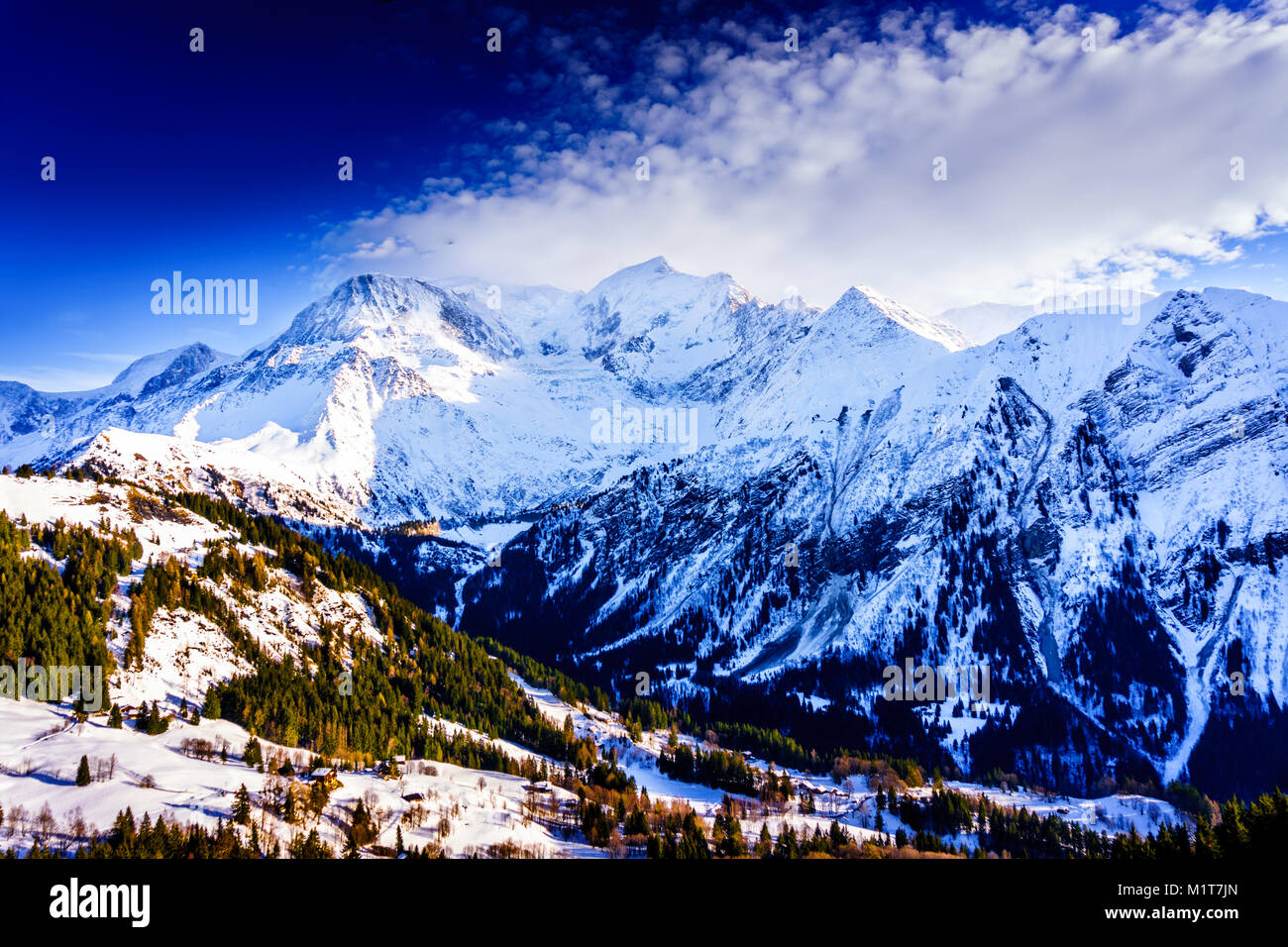 Beautiful landscape of snowy mountain view in Bellvue Saint-Gervais-les-Bains. One of Alps mountaintop near Mont Blanc. Famous place for winter sport Stock Photo