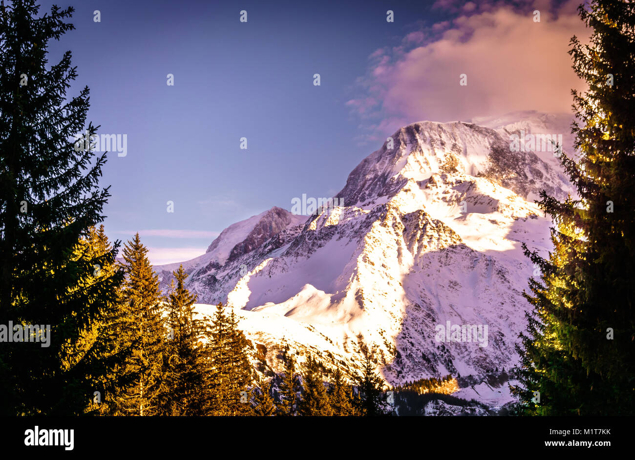 Beautiful landscape of snowy mountain view in Bellvue Saint-Gervais-les-Bains. One of Alps mountaintop near Mont Blanc. Famous place for winter sport Stock Photo