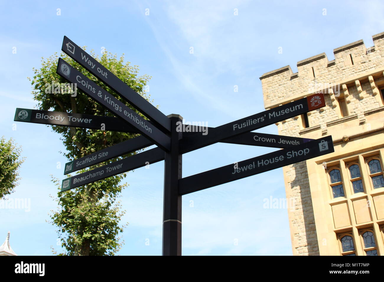 London, United Kingdom - August 26 2017: A sign post in the grounds of the Tower of London, depicting directions to the Crown Jewels. Stock Photo