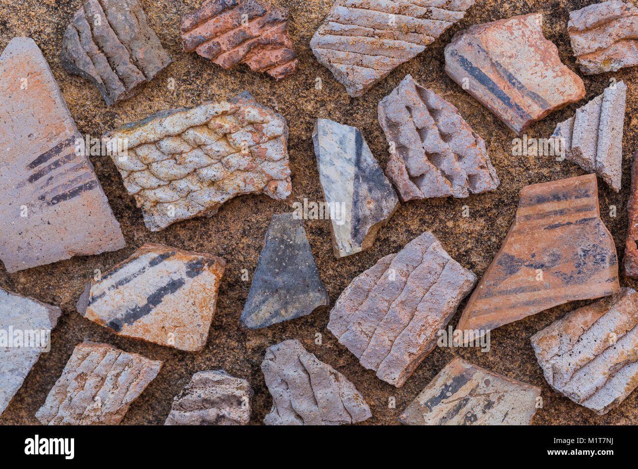 Potsherds in corrugated and black-on-white styles left by the Ancestral Puebloan people living at Big Ruin within Salt Creek Canyon in The Needles Dis Stock Photo