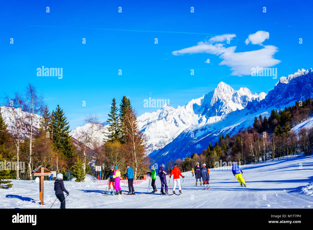Family winter sport in Bellevue Les Houches SaintGervais, France. Top