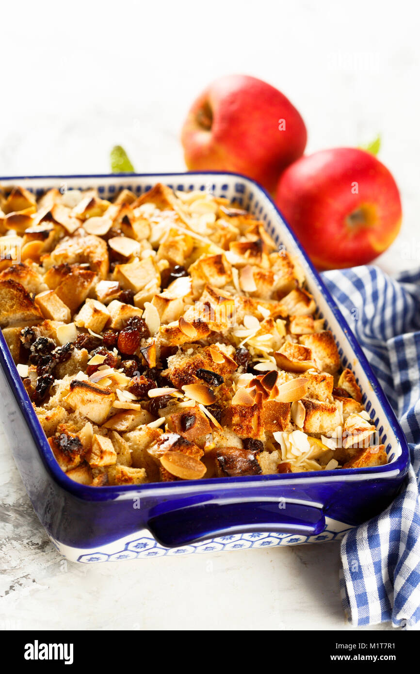 Bread puddings with apples, almond and raisins Stock Photo Alamy