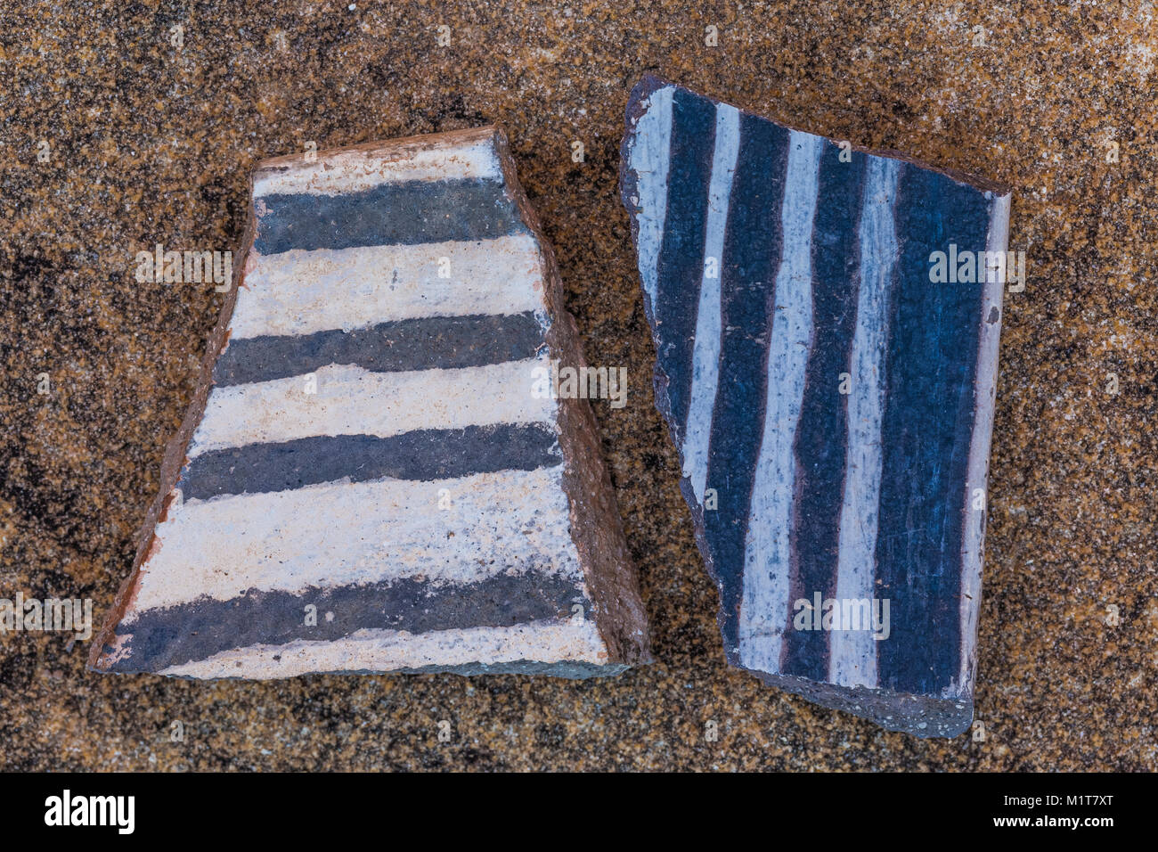 Potsherds in black-on-white style left by the Ancestral Puebloan people living at Big Ruin within Salt Creek Canyon in The Needles District of Canyonl Stock Photo
