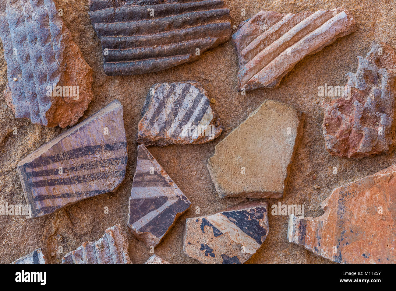 Potsherds left by the Ancestral Puebloan people living at Big Ruin within Salt Creek Canyon in The Needles District of Canyonlands National Park, Utah Stock Photo