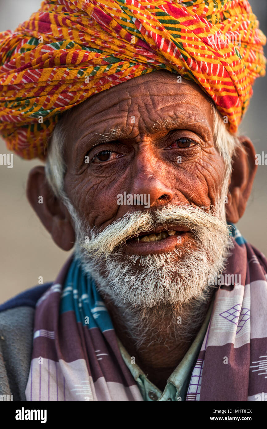 Pushkar, India-October 30,2017: Portrait of traditionally dressed Indian man during Pushkar Camel Fair.Most of the men in Rajasthan like to grow thick Stock Photo