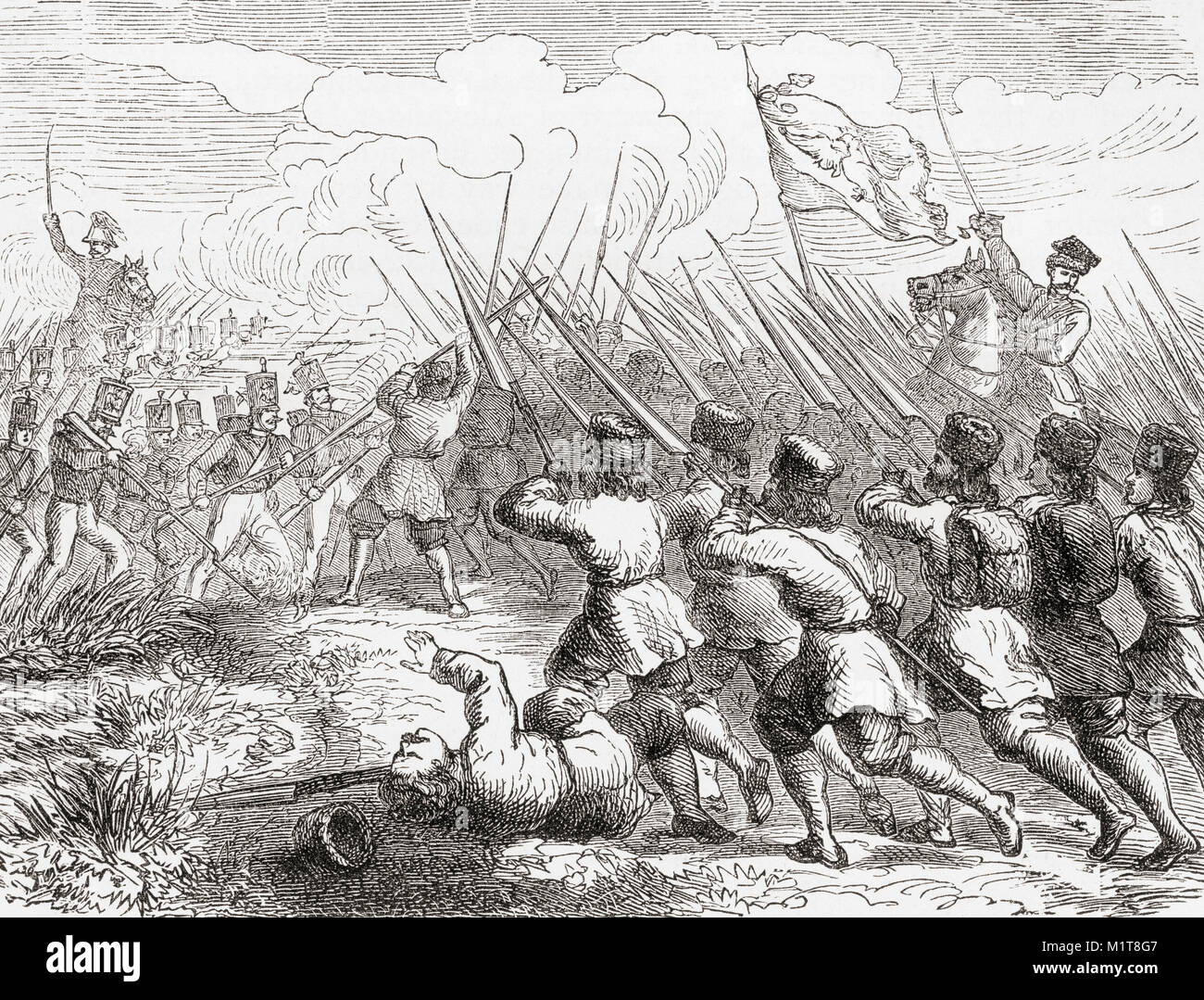 Polish peasant insurgents in the January Uprising of 1863.  The uprising began as a spontaneous protest by young Poles against conscription into the Imperial Russian Army.  From Ward and Lock's Illustrated History of the World, published c.1882. Stock Photo
