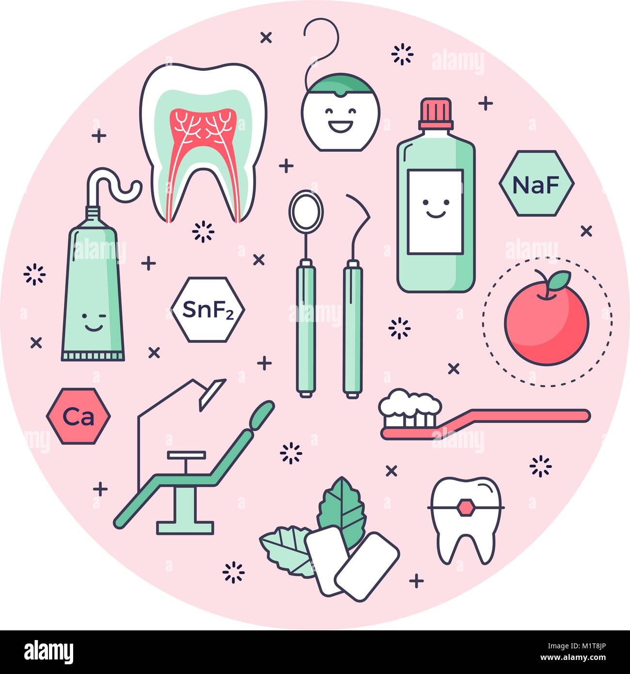 Vector scientific background with outlined icons about dentist equipment. Fun educational style, good for kids. Stomatology and Orthodontics Tools Stock Vector