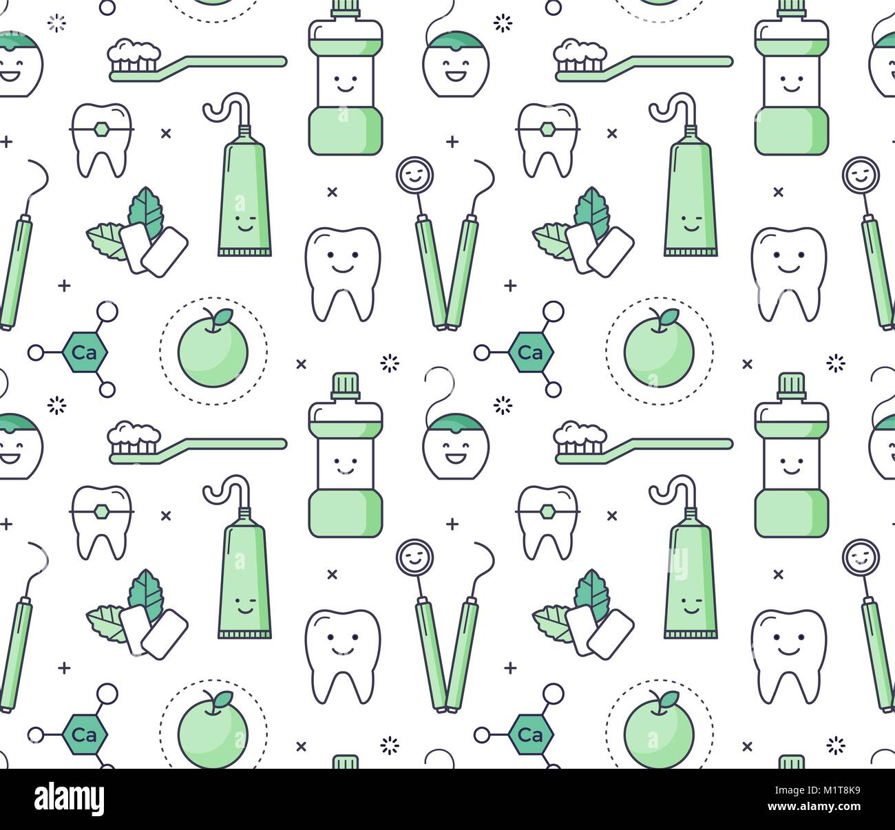 Vector educational seamless pattern with dentist equipment on white background. Fun iconic style Stomatology Tools, teeth care. Stock Vector