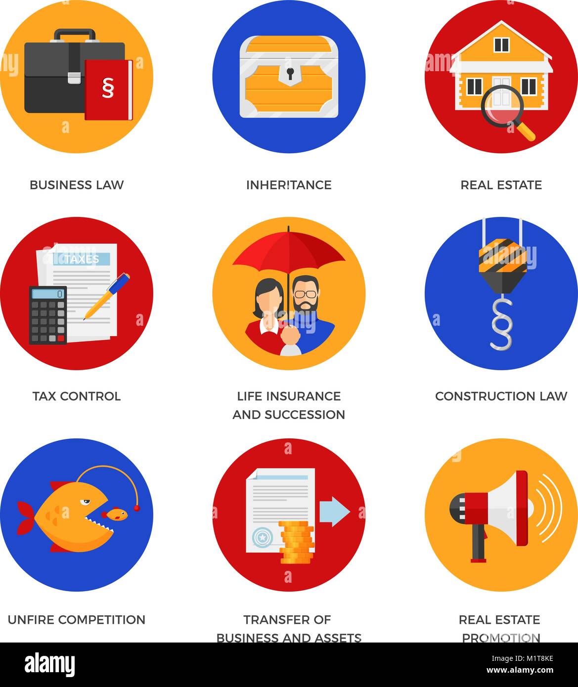 Vector icons of legal services like business and construction law, real estate, inheritance and tax control. Flat design Stock Vector