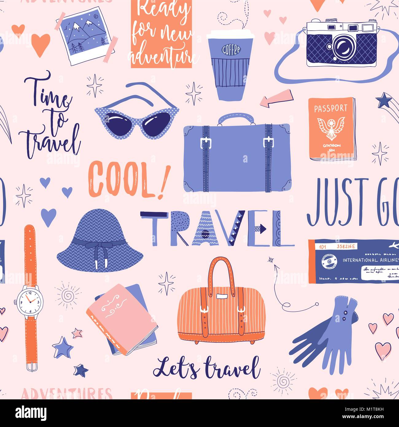 Vector seamless pattern on the theme of travel, vacation, adventure. Retro 50's style. Hand-drawn lettering. Suitcase, camera, clothes and other stuff. Stock Vector