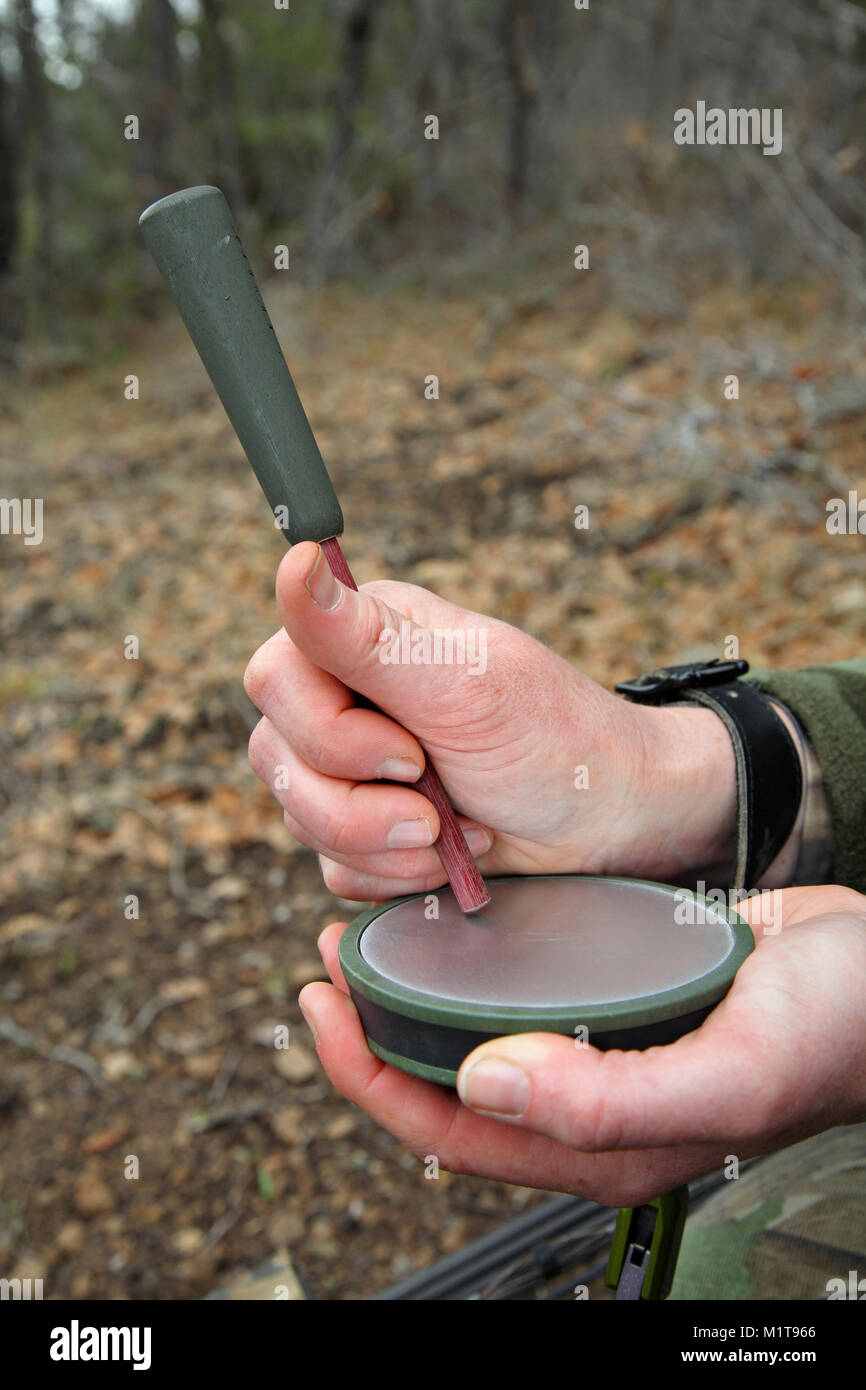 person's hands using a slate turkey call closeup Stock Photo Alamy