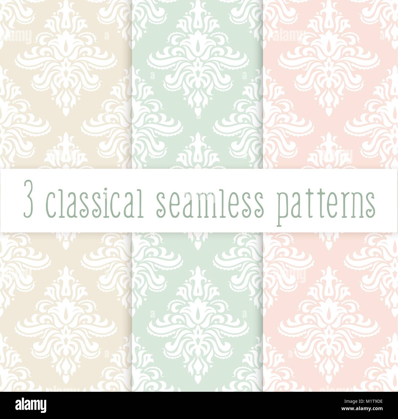 Vector set of classical delicate seamless patterns in pastel colors: pink green and yellow. Background for greeting cards and wedding invitations. Stock Vector