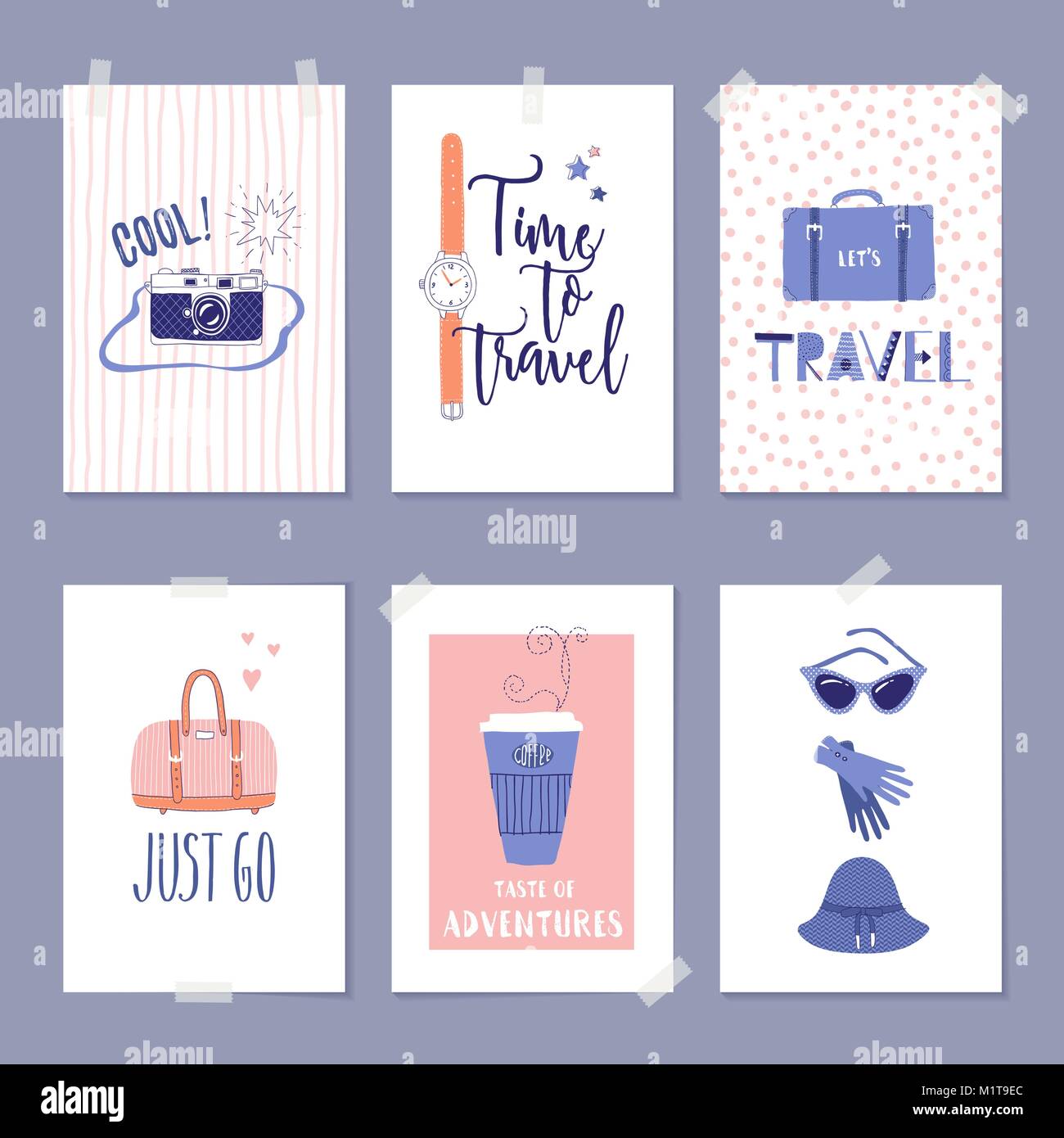 Vector set of templates with travel illustrations and lettering. For greeting card, poster, label or banner design. Retro 50's style. Stock Vector