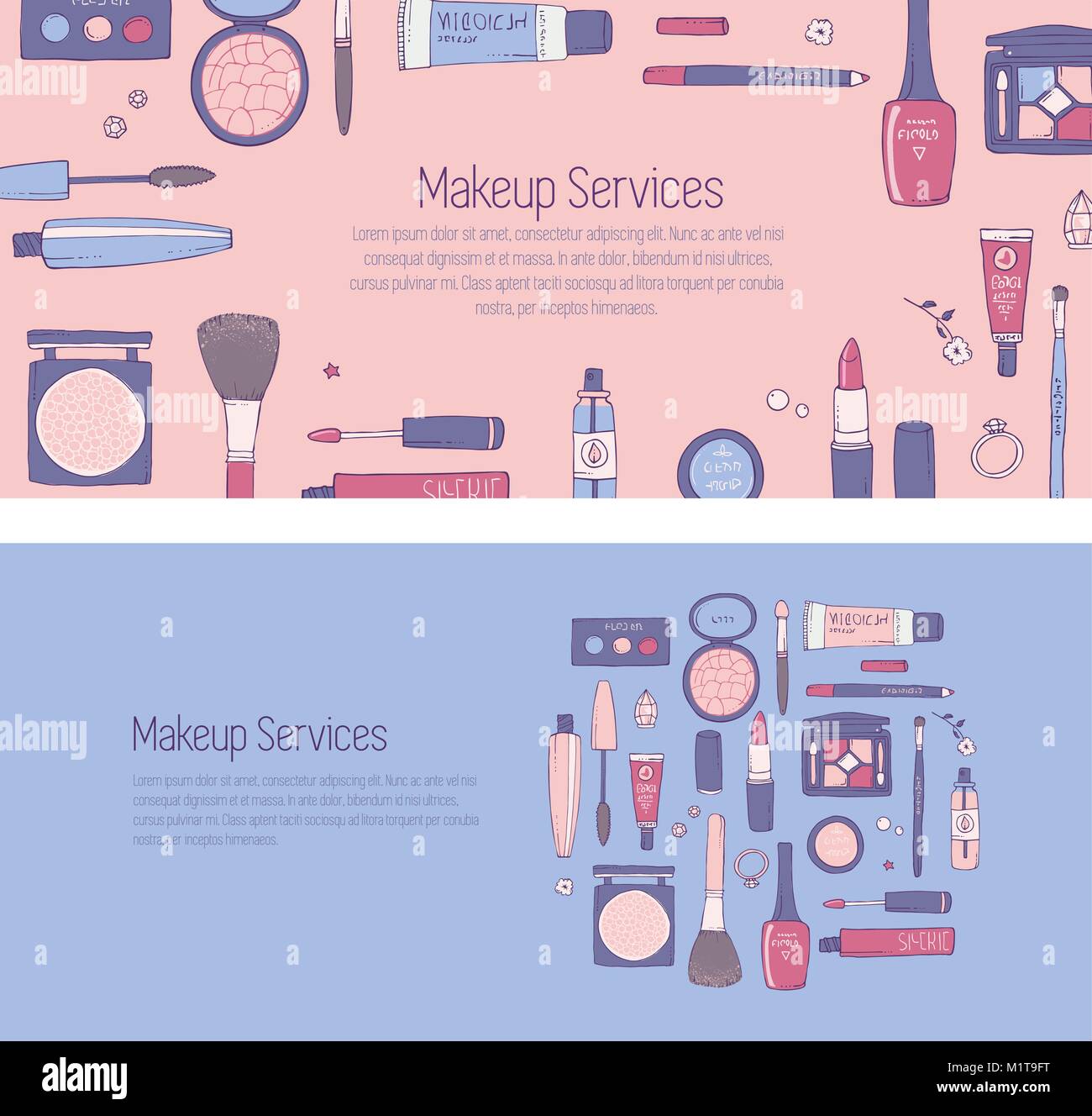 Hand drawn vector template for banner for web page with makeup and other cosmetics products. Lipstick, mascara, shadows, make-up brushes. Rose Quartz Stock Vector