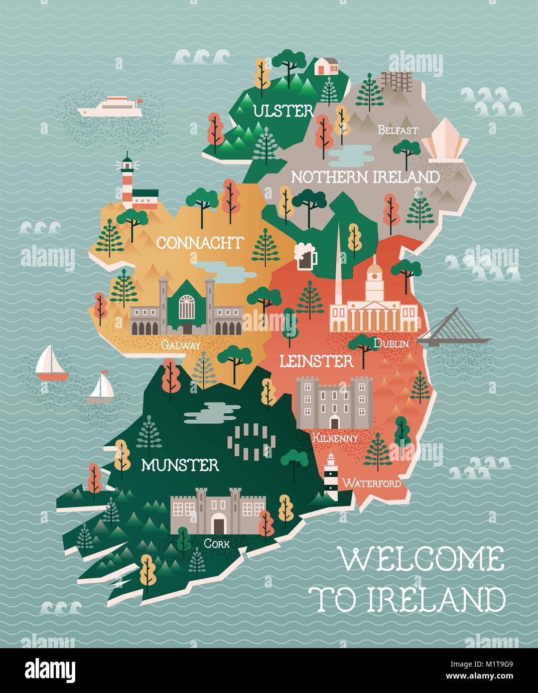 Flat vector illustration with stylized travel map of Ireland. The landmarks and main cities like Dublin and Belfast. Text Welcome to Ireland. Stock Vector
