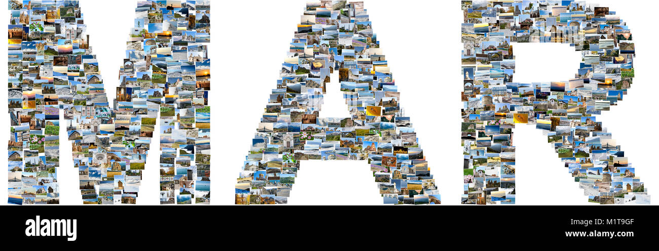 March - illustrated name of calendar month, each letter is made of multiple travel photos. Collage of travel images Stock Photo