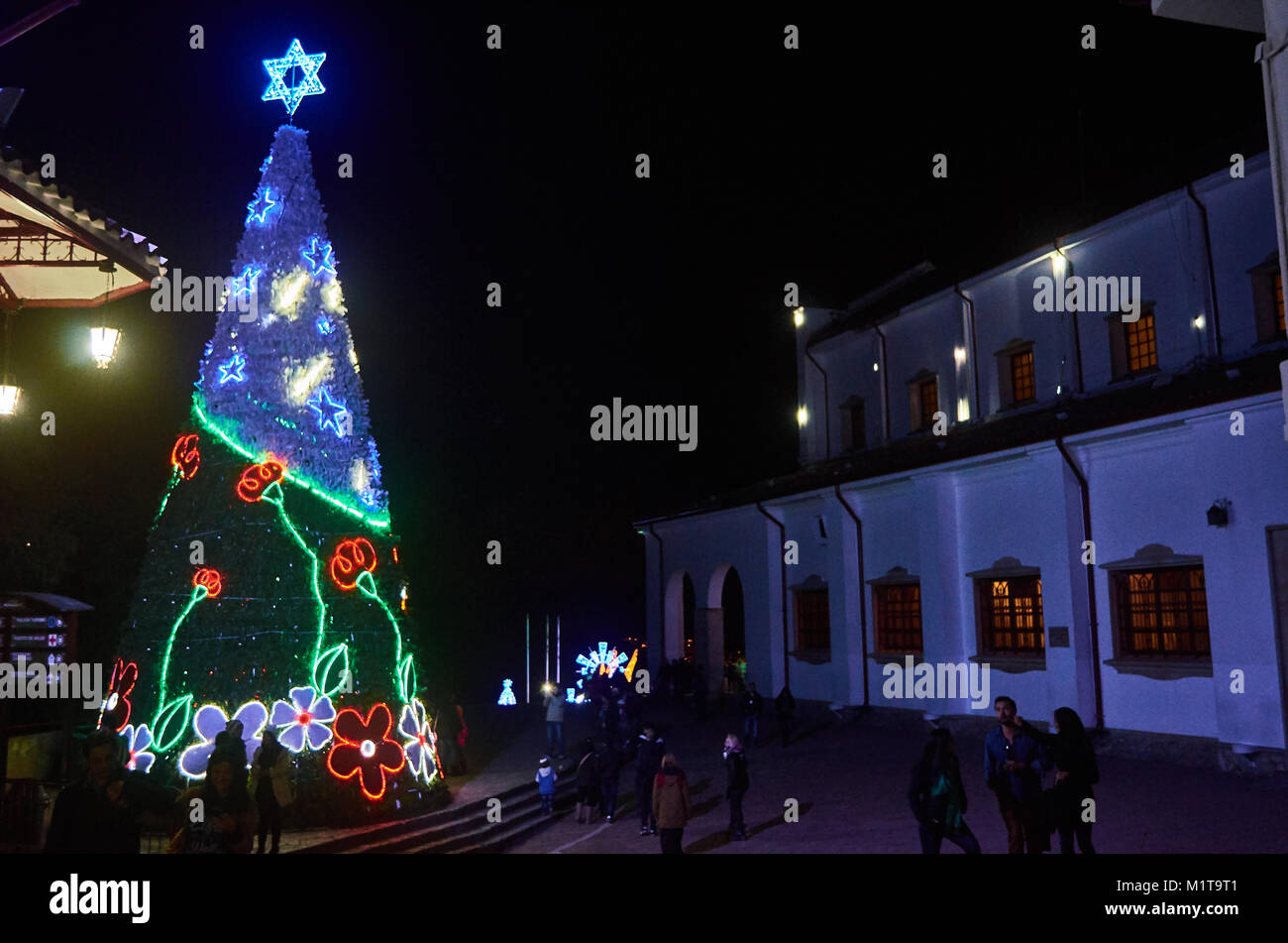 BOGOTA, COLOMBIA - JANURAY 6, 2015: A beautiful Christmas tree at the top of the hill Monserrate, in Bogota. Stock Photo