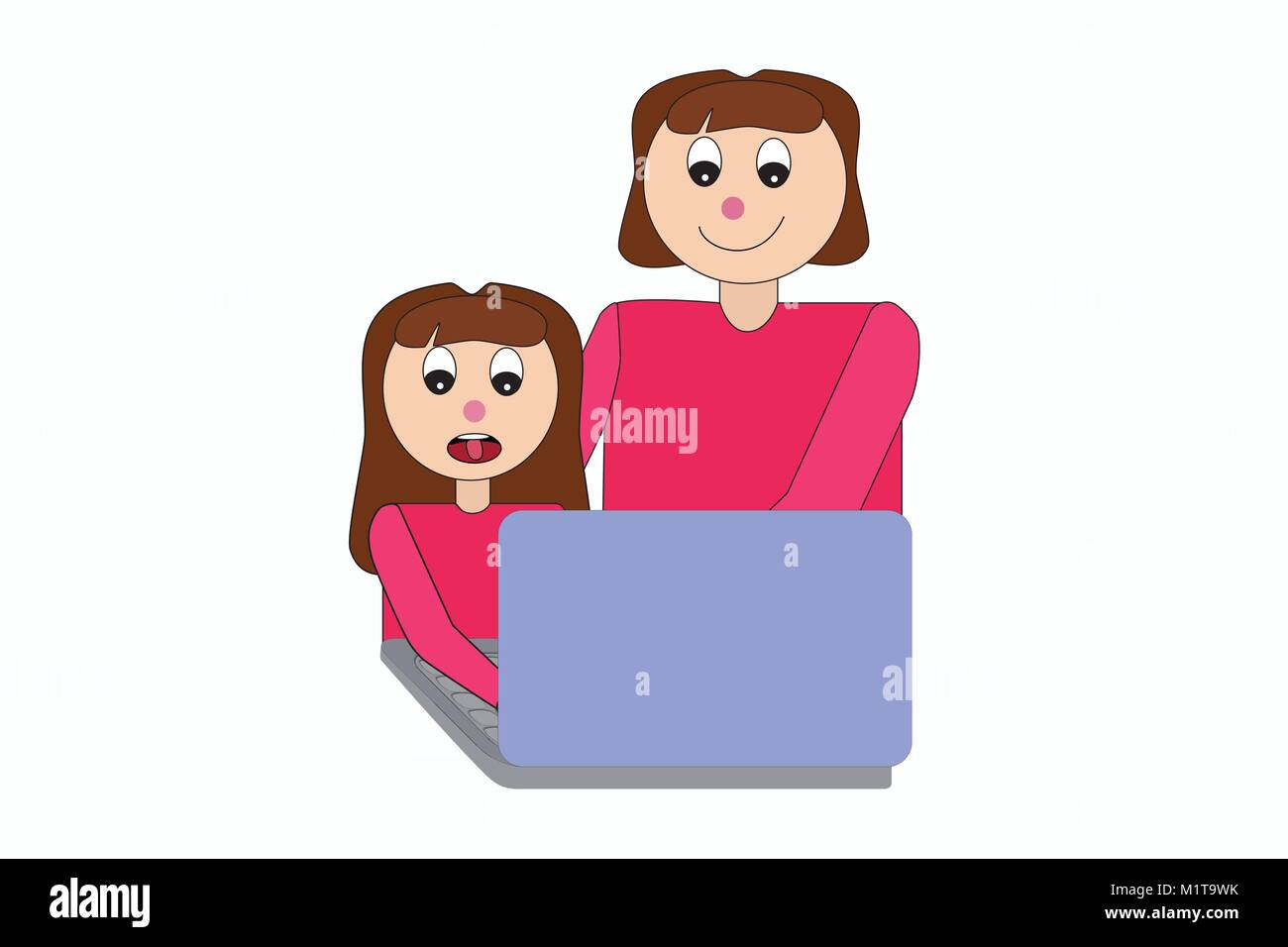 Illustration of woman and girl working together at notebook learning from each other, vector of mum and daughter using computer and searching internet Stock Vector