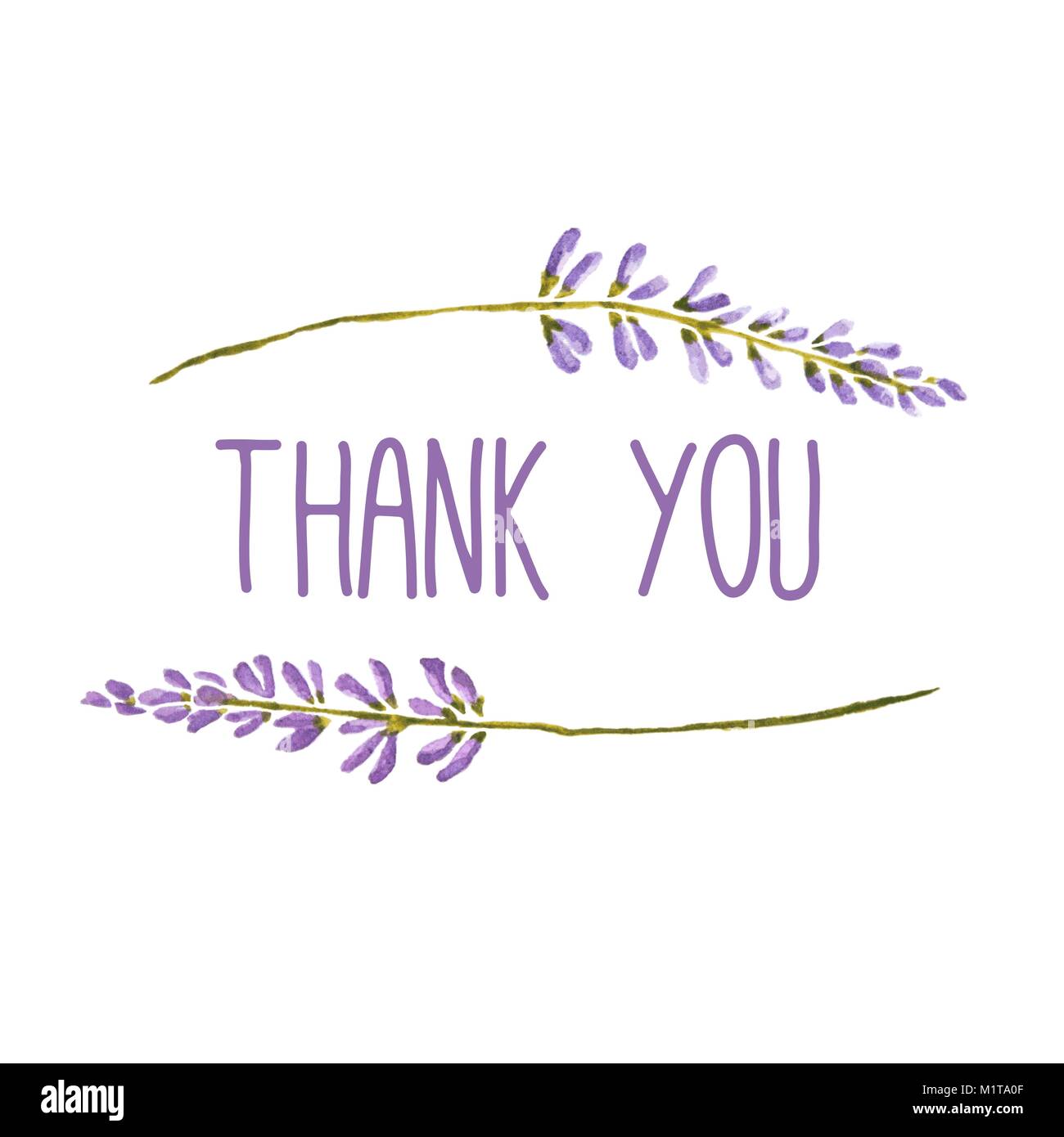 Vector watercolor greeting card with words Thank you framed by flowers of lavender. Stock Vector