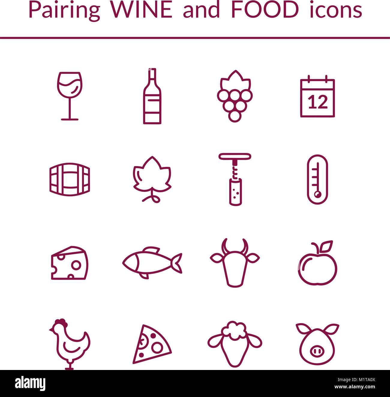 Vector set of line icons for wine and food pairing, such as cheese, fish,  fruits, bottle, glass, grapes. Modern outlined style Stock Vector