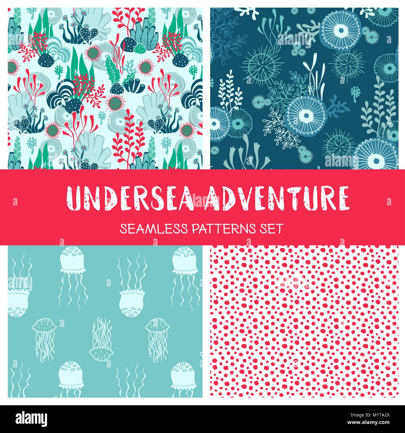 Vector set of hand drawn underwater seamless pattern with seaweeds jellyfish and other sea plants and habitants Stock Vector