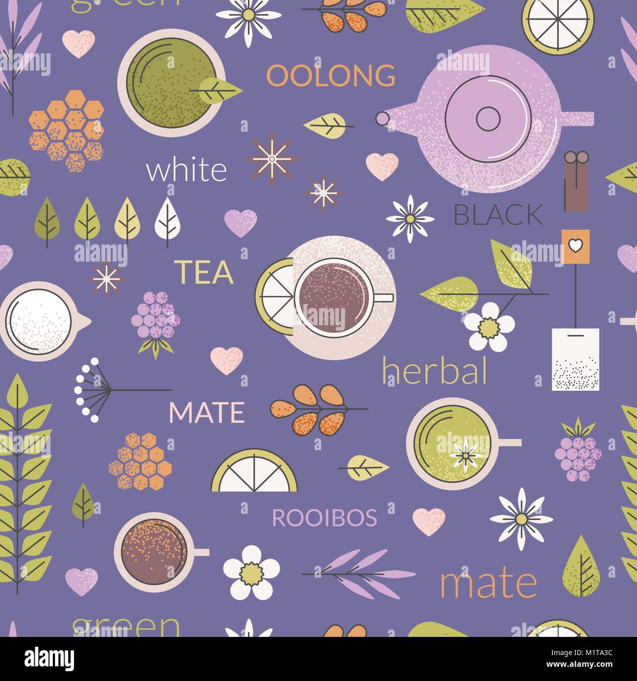 Vector pastel seamless pattern with different types of tea like black, oolong, green and white tea with anise, rooibos and chamomile. Stock Vector