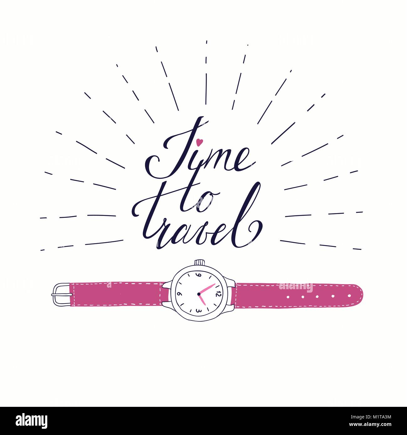 Template for card on the theme of travel, vacation, adventure. Retro 50's style. Hand drawn vintage watch with beautiful lettering Time to travel. Stock Vector