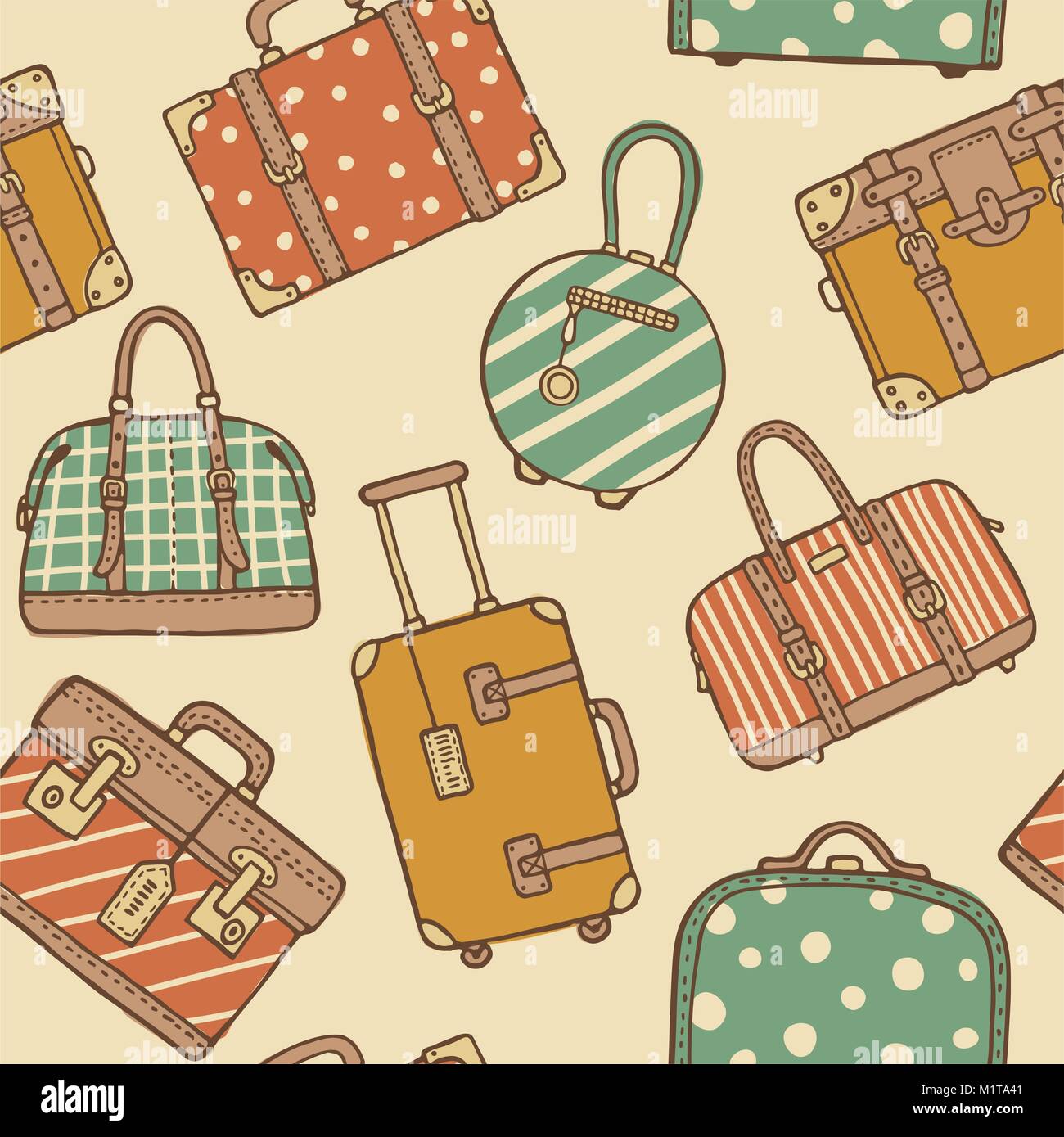 Vector hand drawn sketch style seamless pattern of vintage travel suitcases and bags for packing. Retro pastel colored doodles Stock Vector