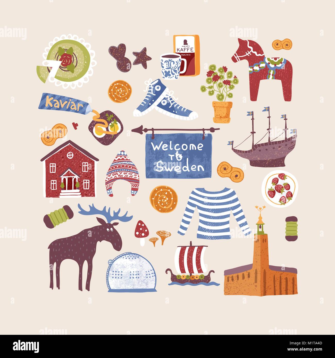 Vector set with hand drawn art design elements of symbols of Sweden. Traditional swedish food, clothes, landmarks. Clipart for greeting cards Stock Vector