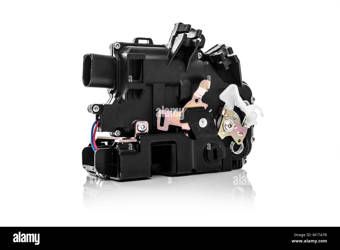 Mechanism of a car door lock isolated on white background Stock Photo