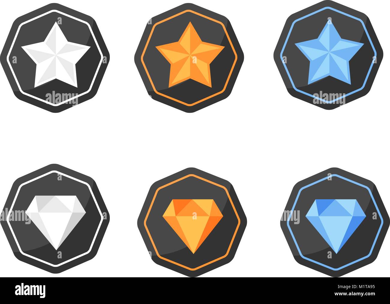 Vector set of icons with awards symbols of stars and diamonds in silver, gold and  platinum colors on the black polygonal background Stock Vector