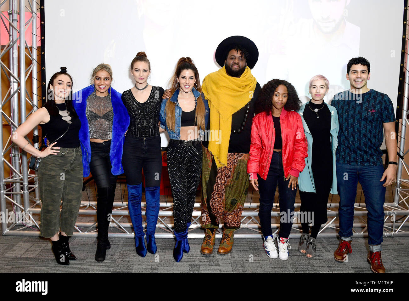 (left-right) RAYA, trio from Goldstone, Jaz Ellington, Asanda, SuRie and Liam Tamne during Eurovision: You Decide - Meet The Artists, an introduction to this year's UK hopefuls, at BBC, New Broadcasting House in London. Stock Photo