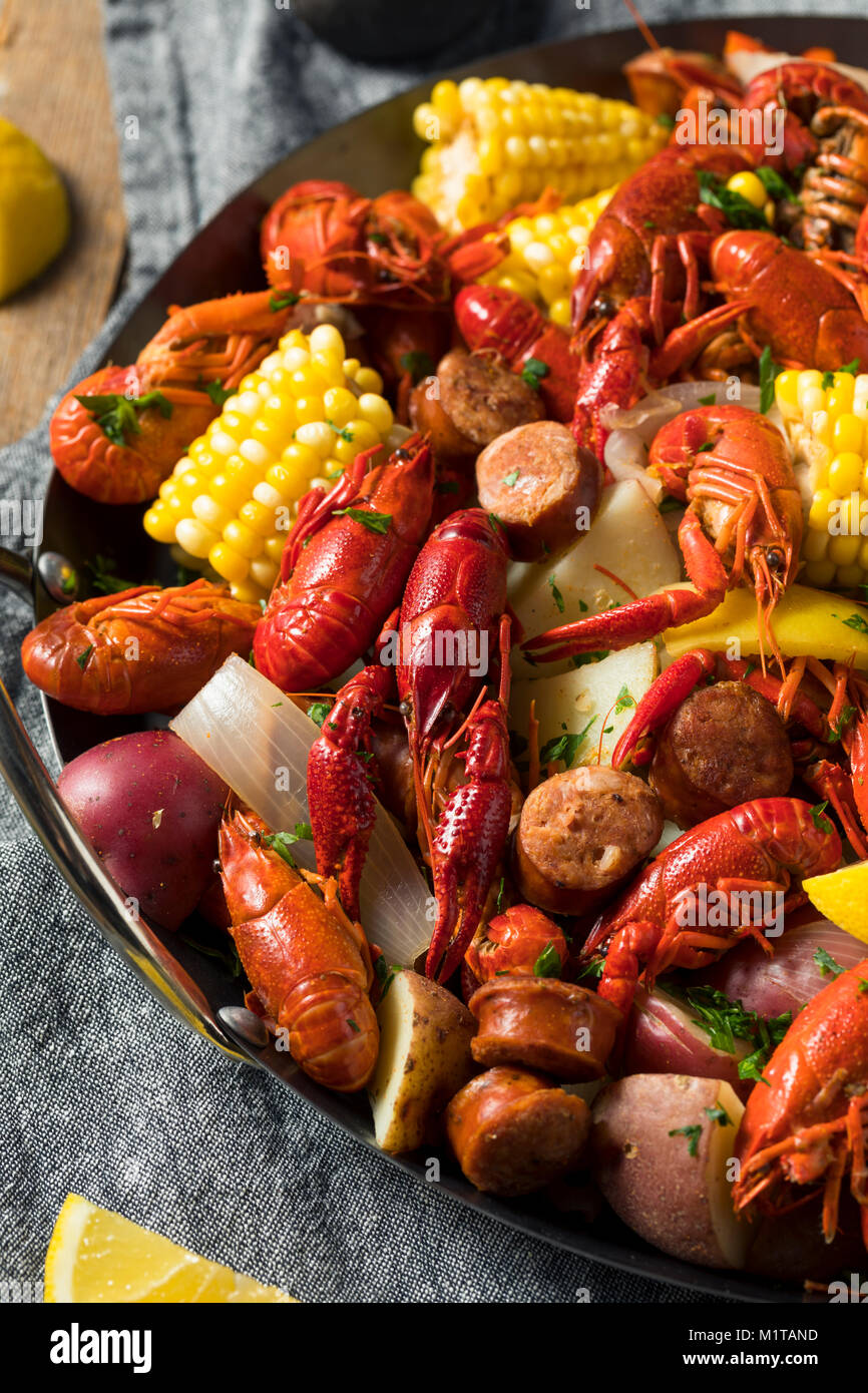 Homemade Southern Crawfish Boil with Potatoes Sausage and Corn Stock Photo