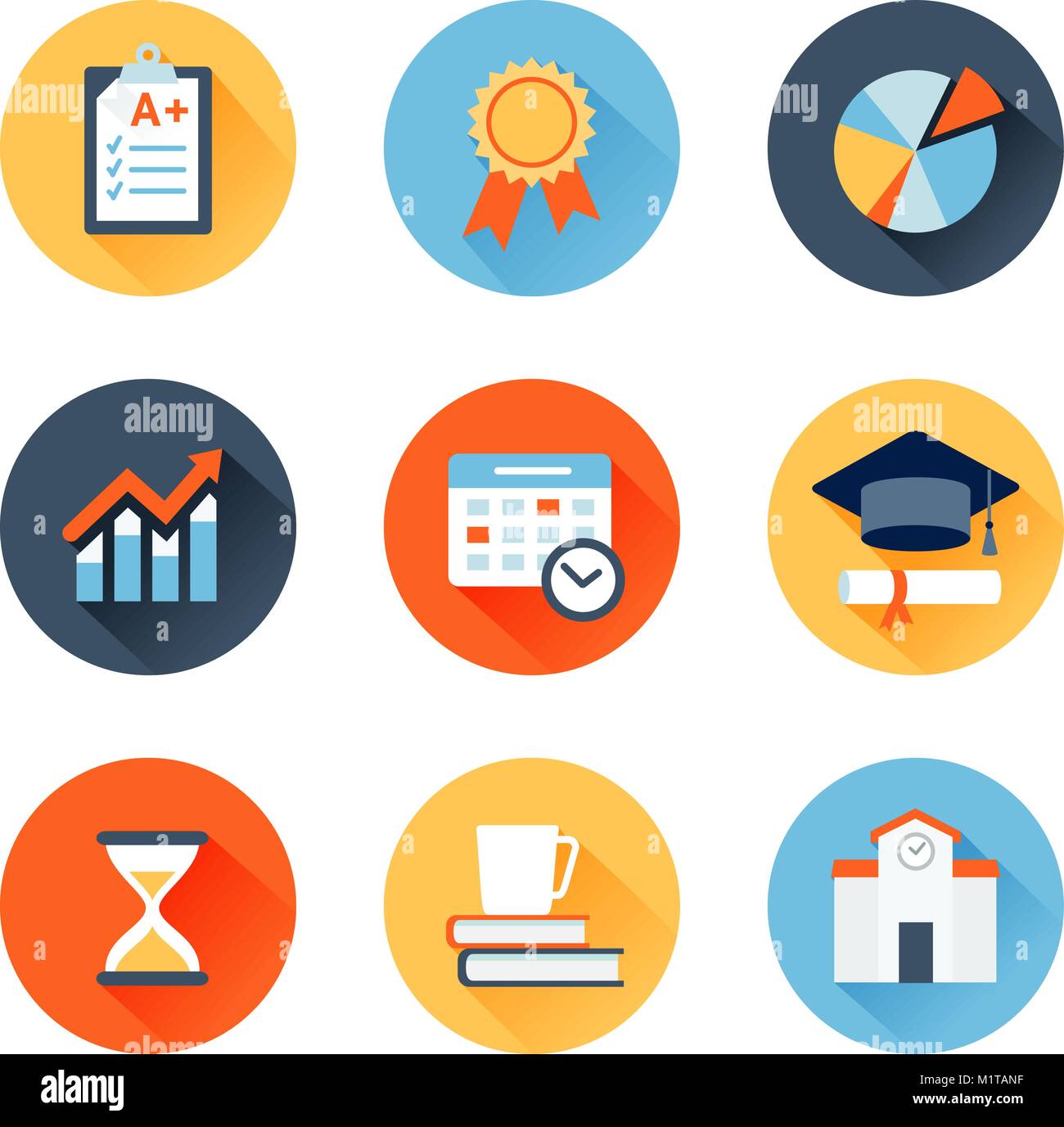 Vector set of flat icons education, exam, graduation and quality assurance Stock Vector