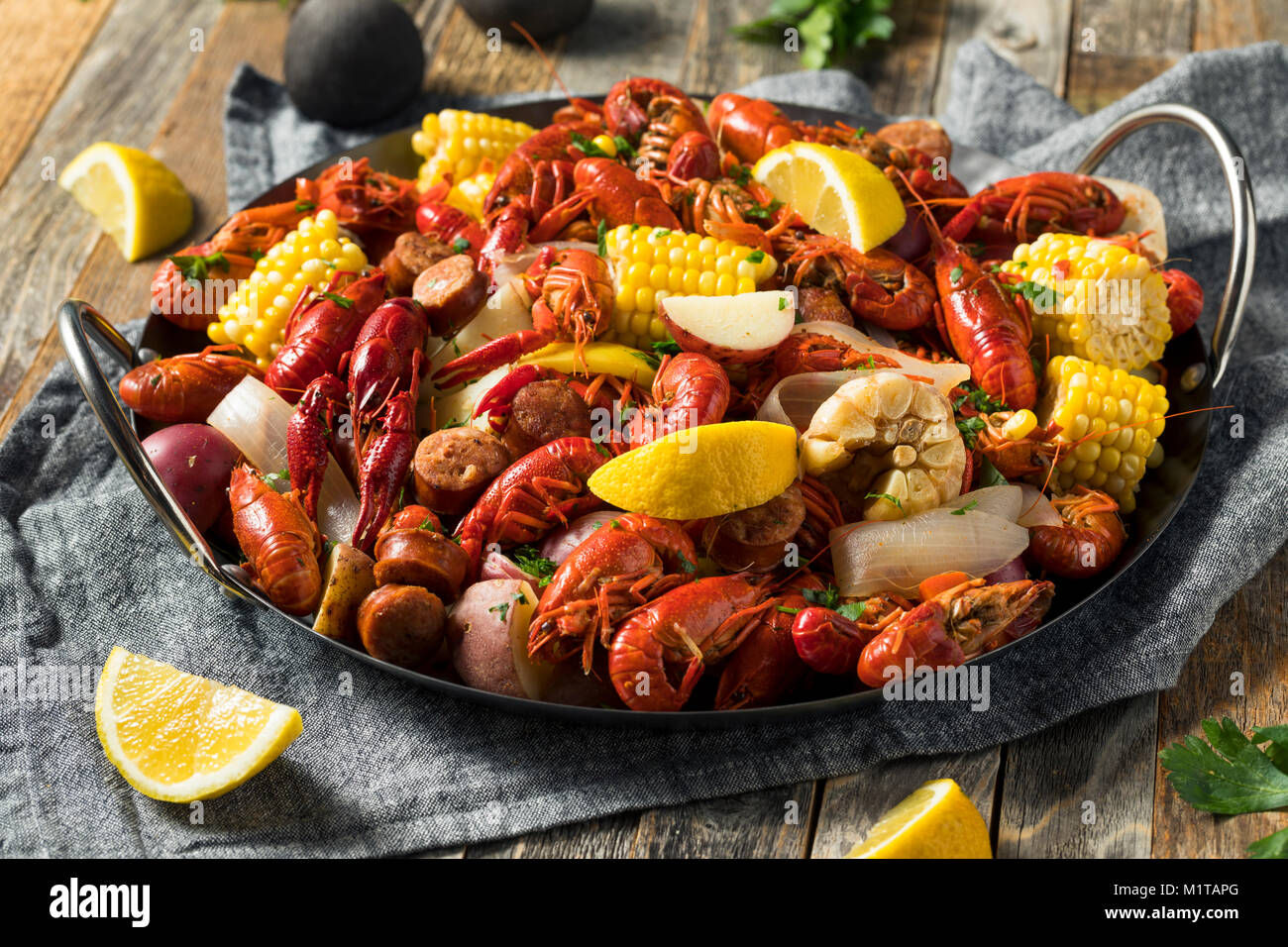 Homemade Southern Crawfish Boil with Potatoes Sausage and Corn Stock