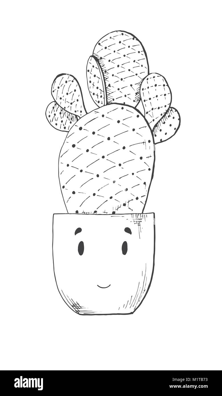 Sketch of a cactus in a nice pot. Vector illustration in sketch style. Stock Vector