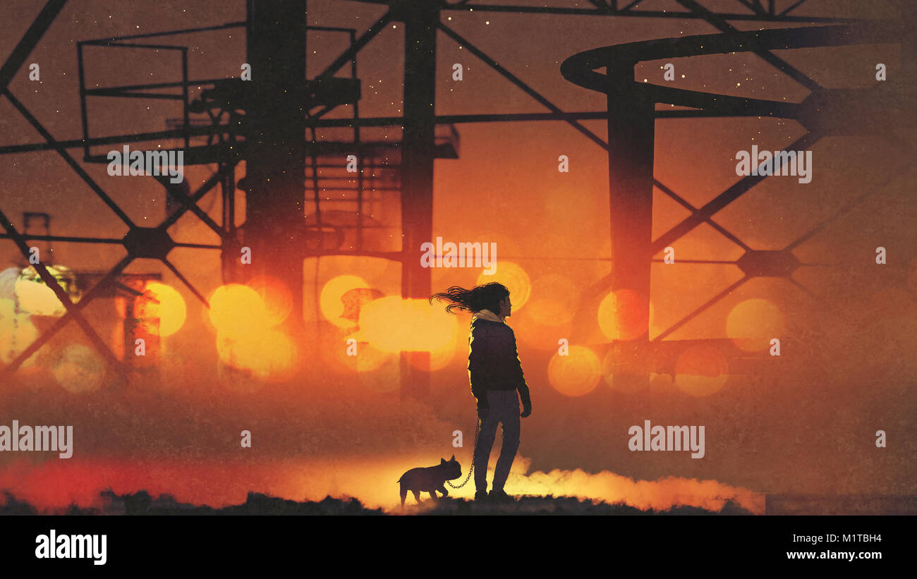 man and his dog standing against the old industrial building, digital art style, illustration painting Stock Photo