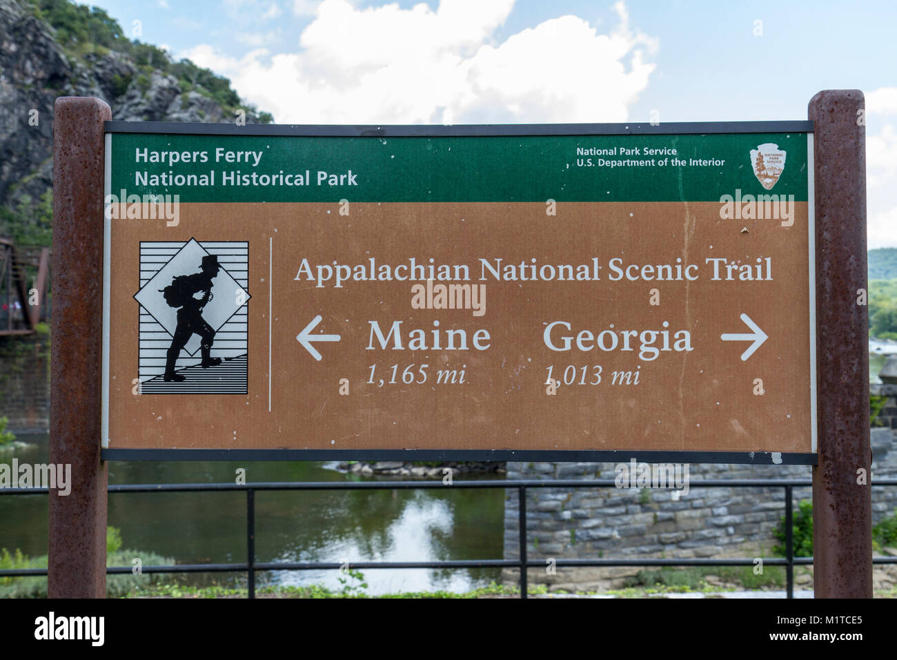 Appalachian National Scenic Trail National Park Service sign in Harpers Ferry, West Virginia, United States. Stock Photo