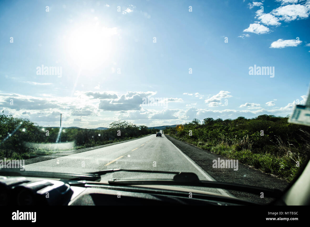View of a highway full of greenery on both sides inside a car and with the strong sun and blue sky Stock Photo